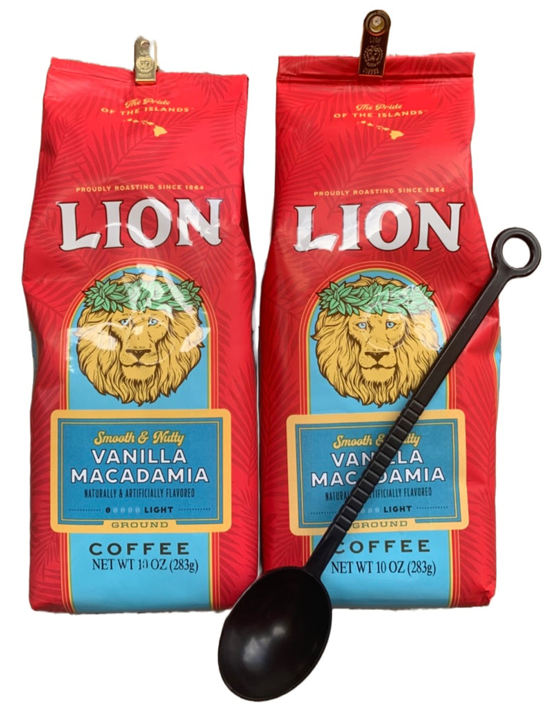 Lion Coffee Vanilla Macadamia Nut Coffee with Scoop (Two 10 Ounce Bags)