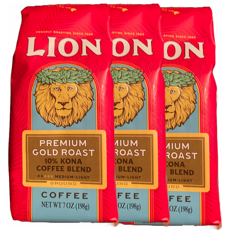 Lion Coffee Premium Gold Roast 10% Kona Blend Set (3 Bags)