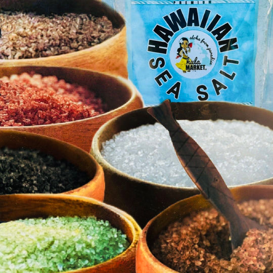100% Hawaiian Hula Market Sea Salt Bamboo Jade, Kiawe Smoked, Black Lava, White Silver, Molokai Coffee, Black Lava and Red Alaea