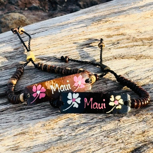 da Hawaiian Store Adjustable Coconut Shell Hand-Painted Flower Bracelet (Choose)