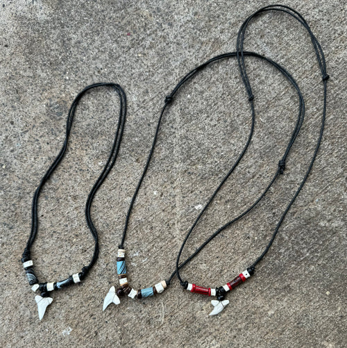 Adjustable Length Beaded Shark Tooth Surfer Choker Necklace on Cord