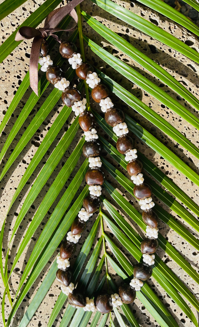 Hawaiian Lei Necklace of Kukui Nuts and White Mongo Shells (Choose Color)