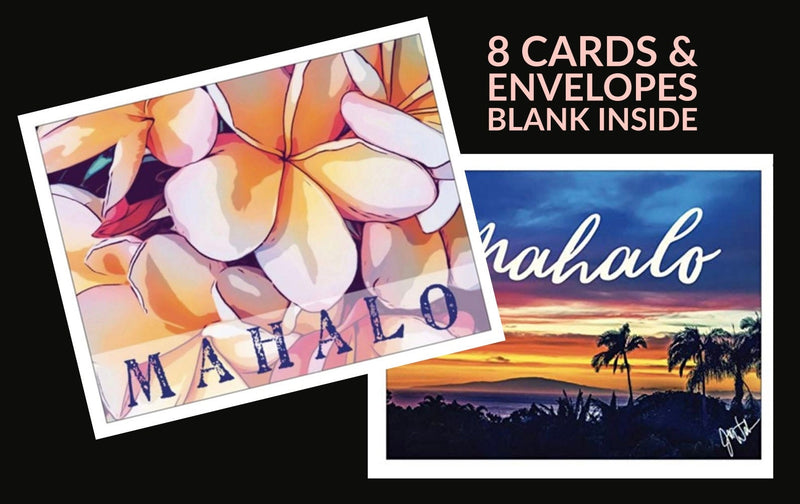 Hawaiian Mahalo Thank You Greeting Cards (Choose Plumeria or Palm Sunset Pau Hana Design)